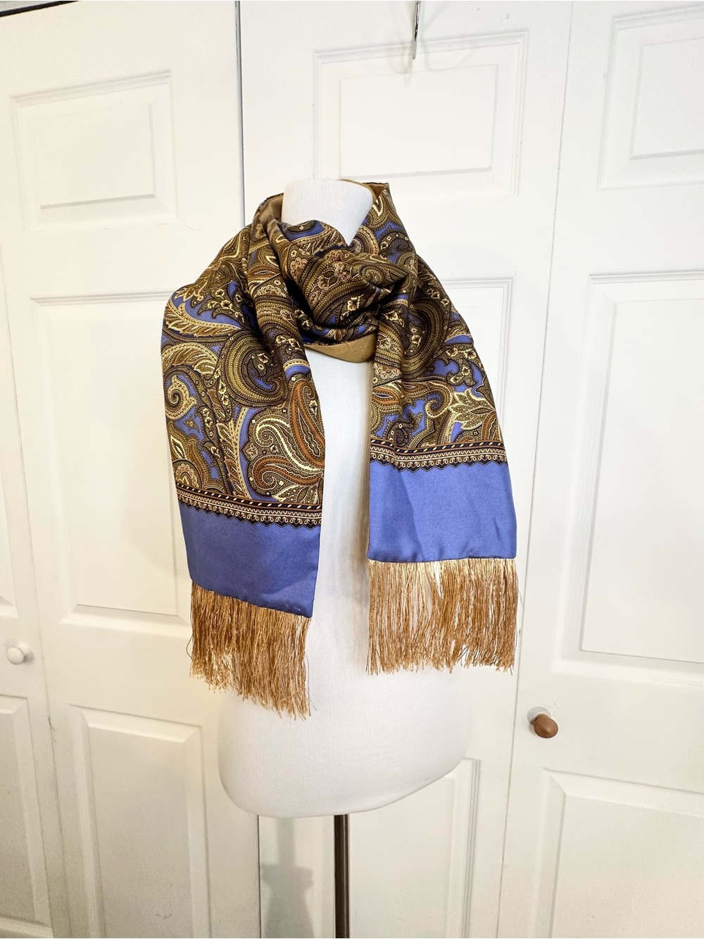 Dion Italian Silk & Wool Paisley Fringe Scarf in Blue and Gold